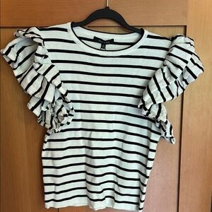 Zara Black and White Striped Flutter Sleeve Blouse
